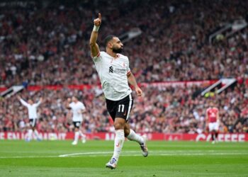 Mohamed Salah après avoir marqué le troisième but de Liverpool face à Manchester United