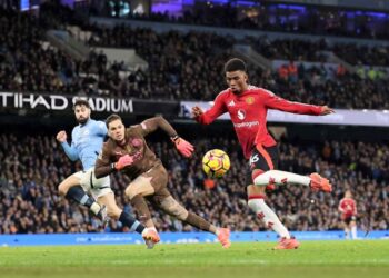 Amad Diallo (à d.) marque le but de la victoire face à Manchester City
